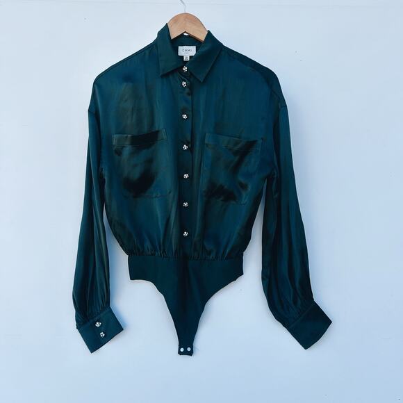 Cami NYC Belkis Charmeuse Silk Bodysuit Blouse Top Pine Satin XS Green - Picture 2 of 10